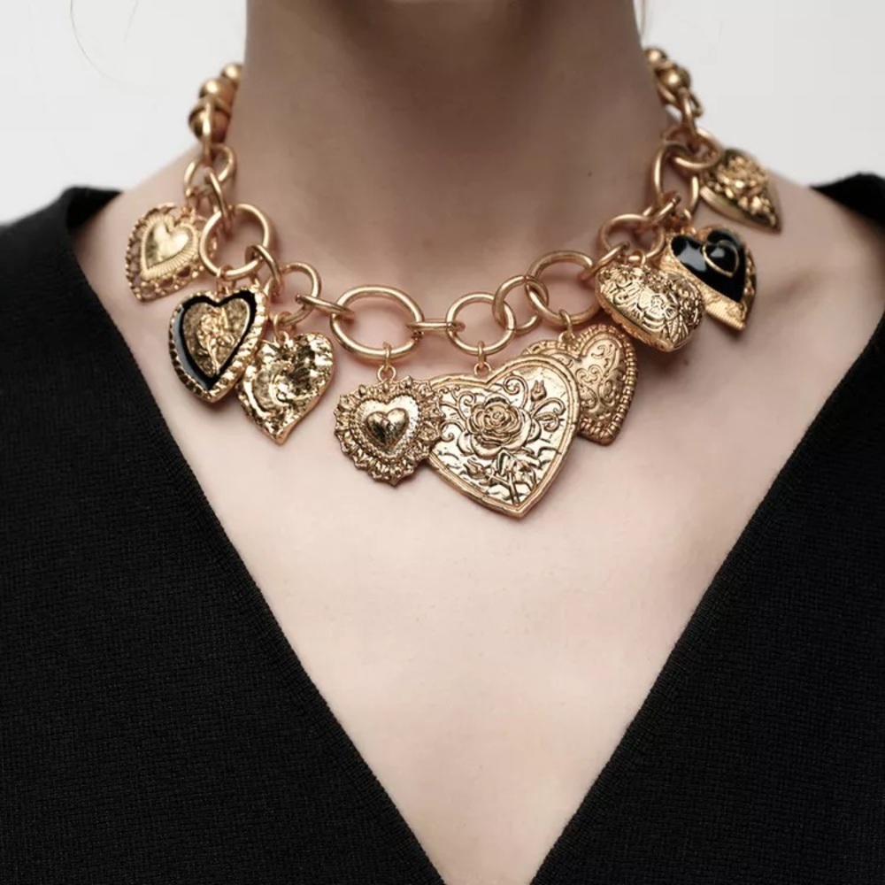 Zara Gold and Black Heart Charm Necklace